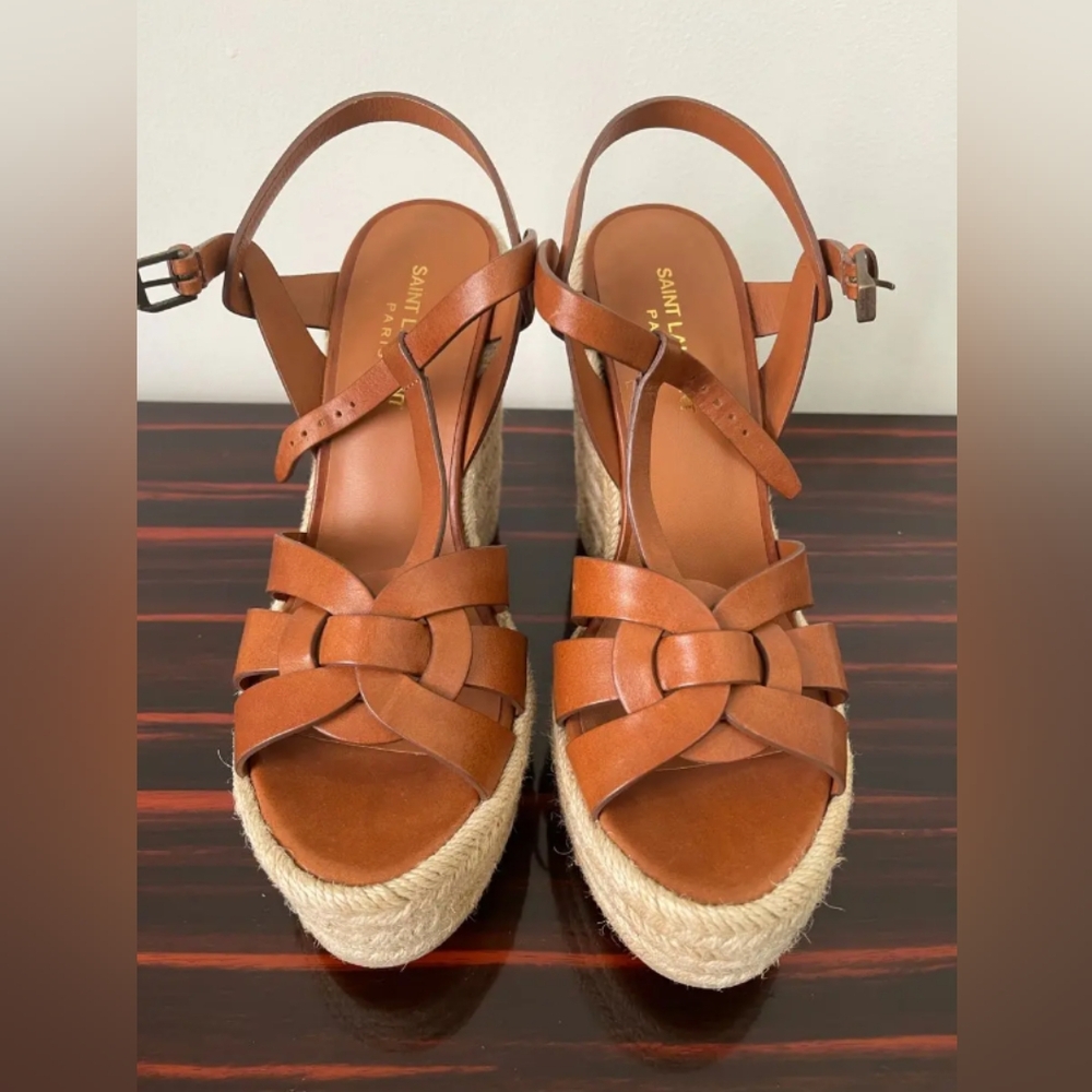 Saint Laurent brown leather straw high heel sandal